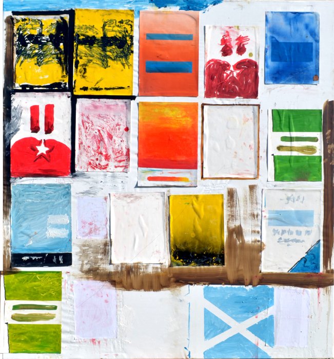 Arne Bastien, Zonder titel, 2018, olieverf, gesso, lak, spuitbus en collage op doek, 180x165 cm